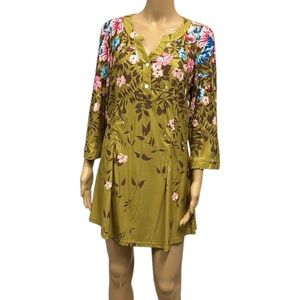 Reborn NY Collection Chartreuse Floral 3 Quarter Sleeve Mini Dress Tunic Top L